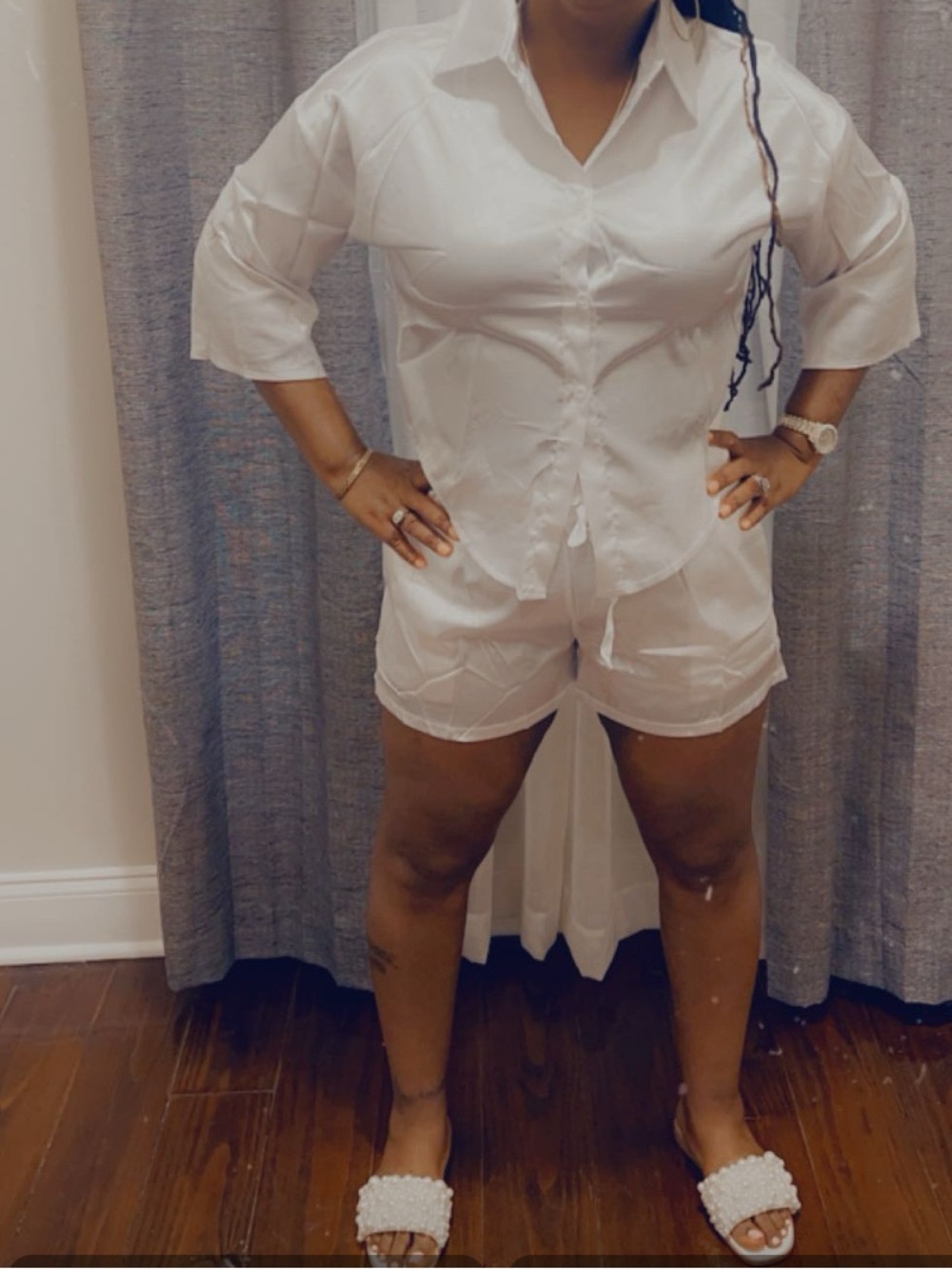 White Two-Piece Cotton Shirt & Shorts Set